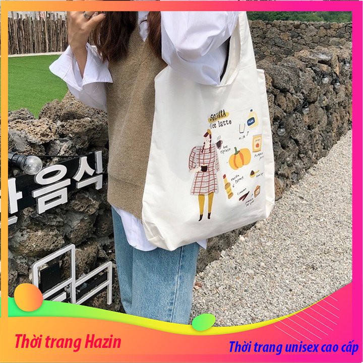 Túi tote vải bố đựng đồ canvas đeo vai Hazin thời trang mới nhất, túi cô gái phong cách Hàn Quốc HZ 46