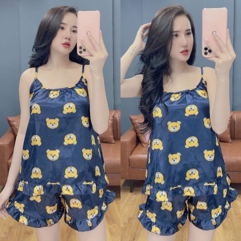 Đồ bộ nữ 🔥 FREE SIZE 40-55KG🔥 Sét 2 dây phi lụa hình gấu, đồ ngủ 2 dây xinh có chun bo mặt sau rất xinh