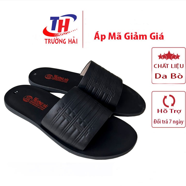 Dép da nam quai ngang một bản màu đen Trường Hải mặt đúc chịu nước