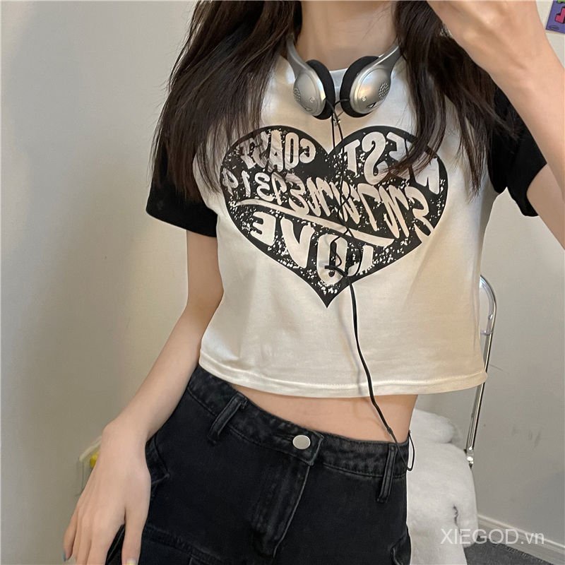 2021Summer American Sweetheart Korean Style Cool Sweet Girl Niche Fashion Slimming Raglan Sleeve Love LettersTT-shirt