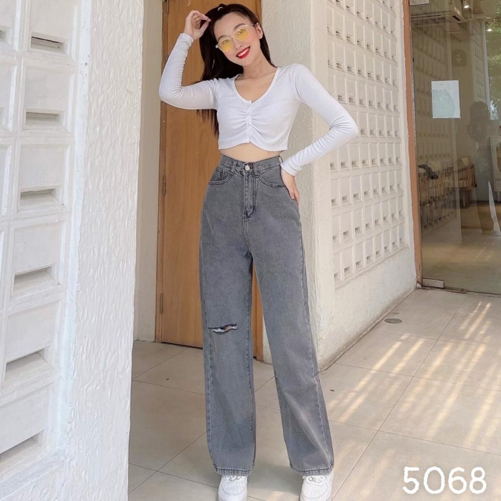 Quần Jean nữ ống suông cạp cao rách gối xanh nhạt, chất bò dày dặn, không nhăn, không xù khi giặt MT5047 | BigBuy360 - bigbuy360.vn