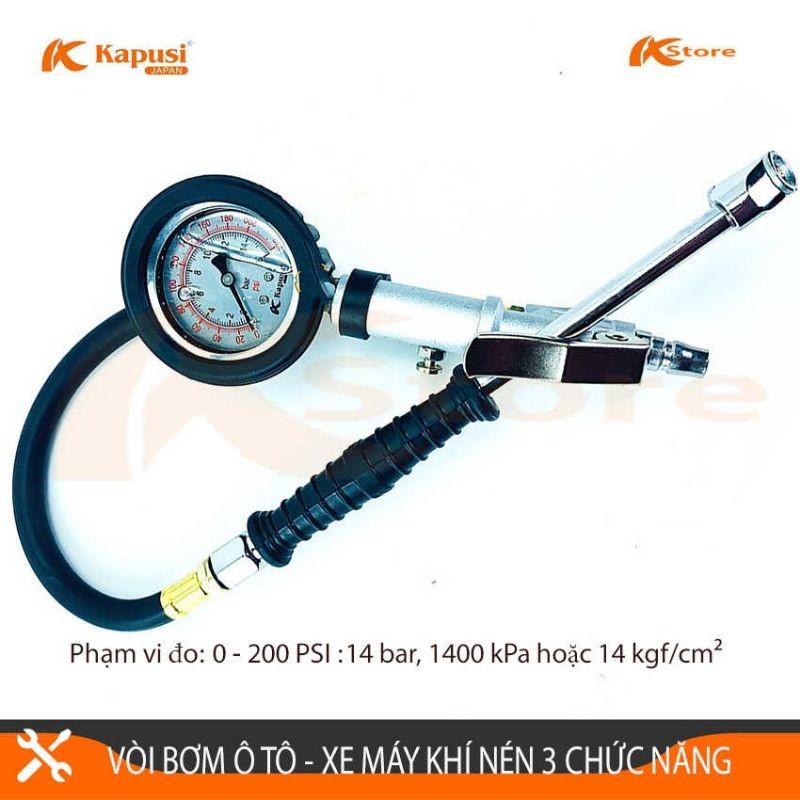 Bơm lốp đồng hồ khí nén nhật bản kapusi, súng bơm lốp ô tô 2 đầu, tay bơm xe tải