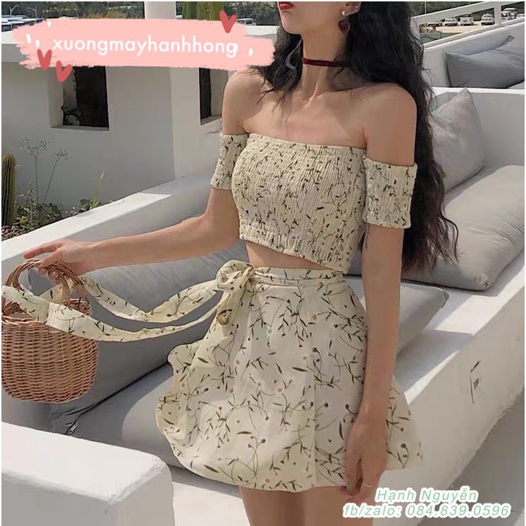 Set áo croptop chun trễ vai và chân váy vạt chéo hoa cỏ trẻ trung Quảng Châu - Xưởng May Hạnh Hồng | BigBuy360 - bigbuy360.vn
