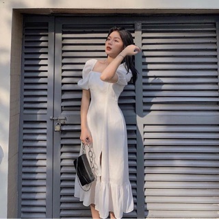 Đầm midi trắng cổ vuông