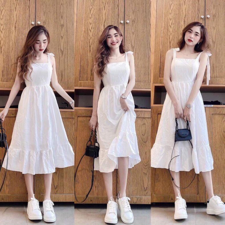 đầm đũi cột nơ trắng tinh khôi, đầm cột nơ nữ tiểu thư bánh bèo