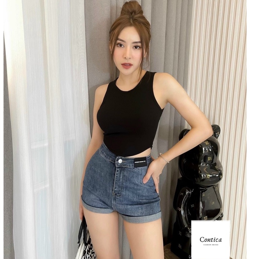 Quần short jean, Quân Đùi Nữ Lưng Cao Trơn Basic Lai Cuốn, hàng hottren