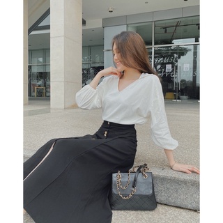 Chân váy midi đen dài qua gối nút gỗ thanh lịch lucetfashion sol skirt
