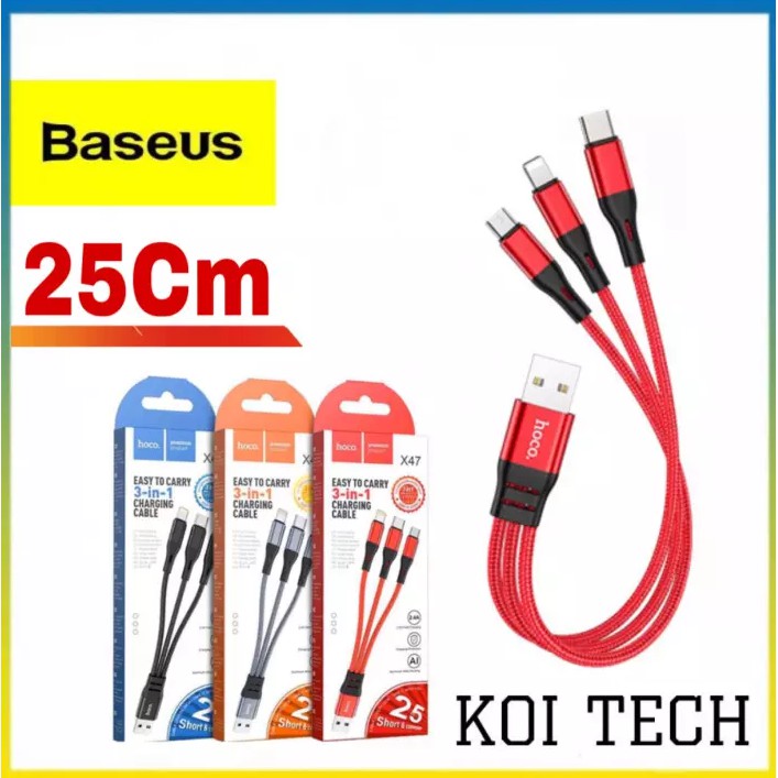 Dây sạc 3 đầu 25cm hoco x48 - cáp sạc bọc dù 3 in 1 micro usb lightning type c cho iphone samsung ..vv