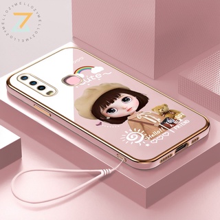 Zymello ốp lung Vivo Y17 Y15 Y12 Y11 V15 V17 V20 V21 Mạ sang trọng Cạnh thẳng Dây buộc 6D Vỏ điện thoại cô gái dễ thương