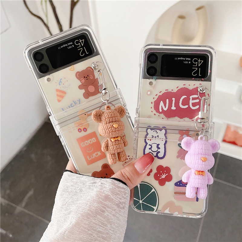 Ốp Điện Thoại Chống Sốc Họa Tiết Gấu Cà Phê Kèm Mặt Dây Treo Bản Lề Nắp Lật 4 Cho Samsung Galaxy Z Flip 3 Flip4