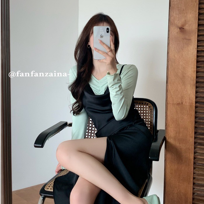 SET VÁY HAI DÂY SATIN XẺ TÀ Ju Seok Kyung CÓ SẴN Kèm Feedback PENTHOUSE