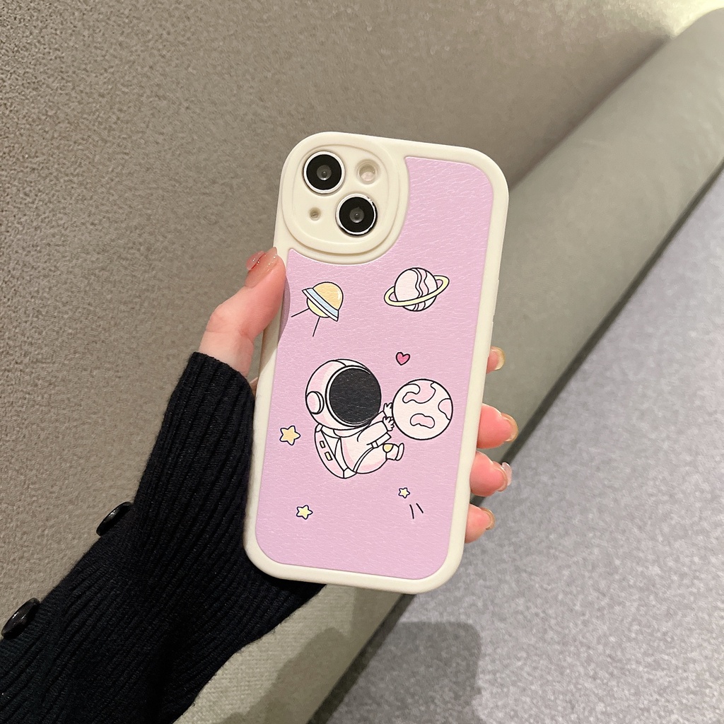 Ốp Điện Thoại Da Chống Sốc Hình Phi Hành Gia Hoạt Họa Màu Hồng Và Xanh Dương Thời Trang Cho Iphone