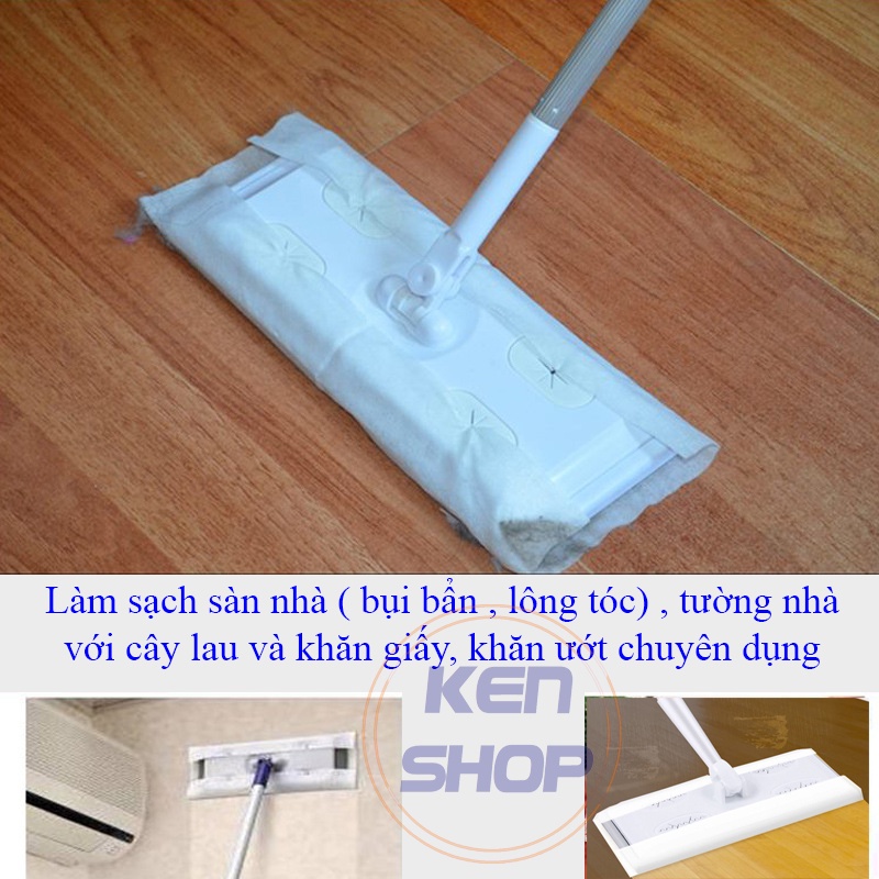 Cây lau sàn Ken Shop dùng khăn giấy khô hoặc khăn giấy ướt  sử dụng 1 lần thay thế dễ dàng, tiện lợi