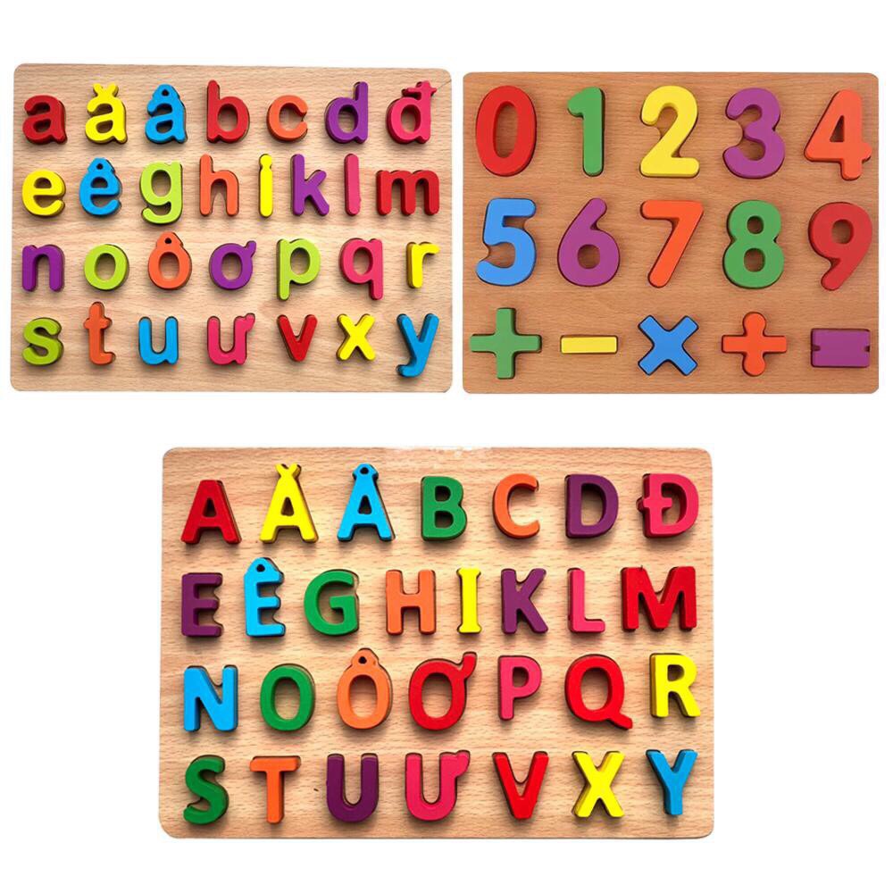 Combo 3 bảng chữ cái gỗ  gồm bảng chữ cái tiếng việt in hoa, in thường và số đếm an toàn cho bé