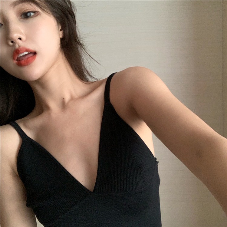 Áo croptop ZHELIHANGFEI dệt kim hai dây cổ V màu trắng/đen/cà phê phong cách Âu Mỹ quyến rũ thời trang mùa hè cho nữ