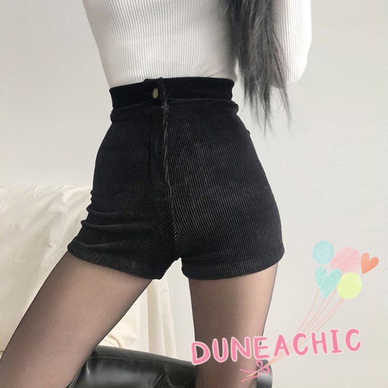 DUNEA Quần short vải nhung đen lưng cao co giãn thiết kế trẻ trung hợp thời trang dành cho nữ