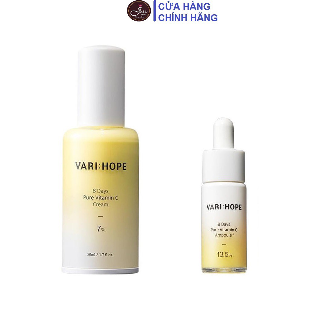 Combo 2 Sản Phẩm Dưỡng Trắng Da, Mờ Thâm Varihope 8 Days Pure Vitamin C (Serum 15ml + Kem 50ml)