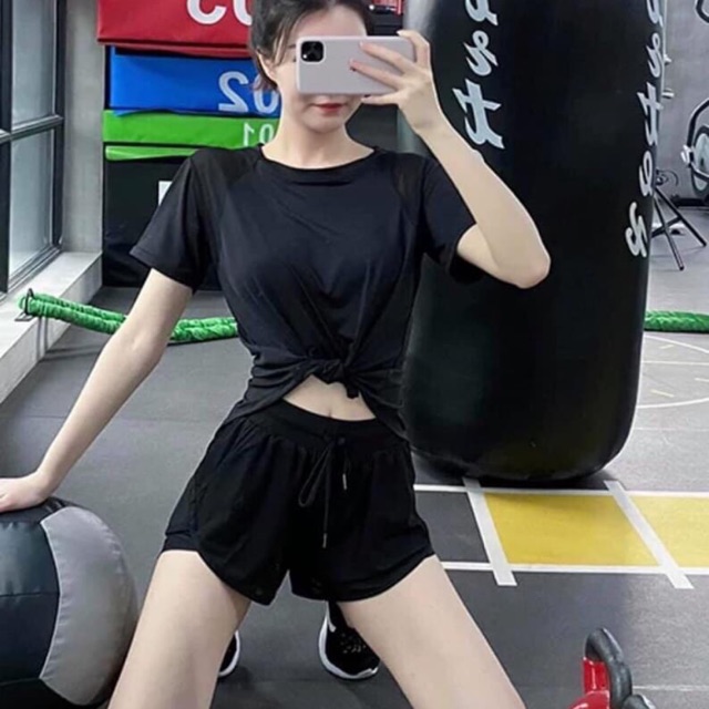 BỘ TẬP GYM YOGA NỮ PHỐI LƯỚI QUẦN ĐÙI ÁO DÁNG RỘNG - HÀNG NHẬP