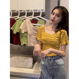 Áo croptop ngắn tay tay bồng bèo nhún hot trend 2020 (đăng kèm ảnh thật)