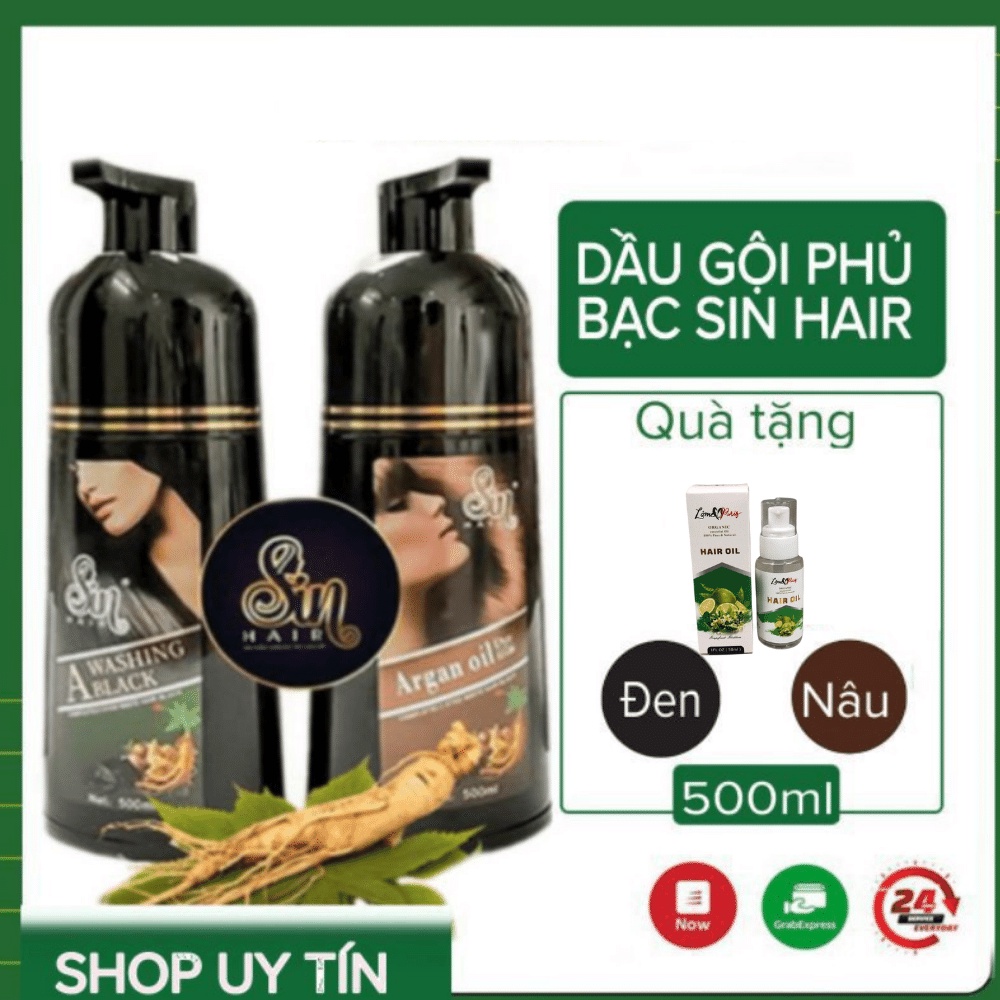 Dầu gội phủ bạc nhuộm đen nâu tóc Sin hair laco thảo dược nhân sâm, phủ đen nâu tóc tự nhiên số 1 Nhật Bản 500ml