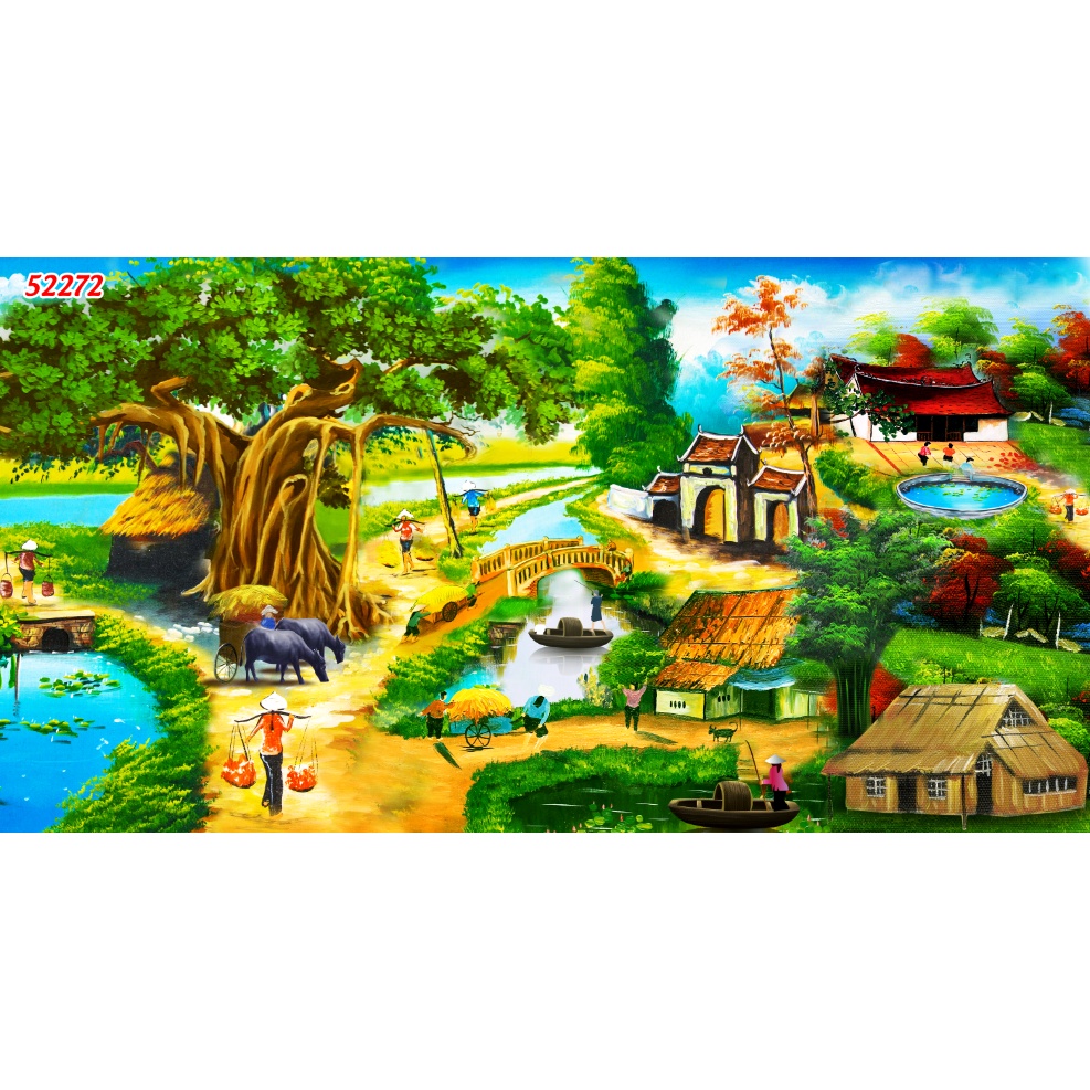 Tranh Làng Quê Việt Nam Thời Xa Xưa đầm sen, cây lá vàng, đồng lúa xanh chất liệu xé không rách, lau chùi thoải mái