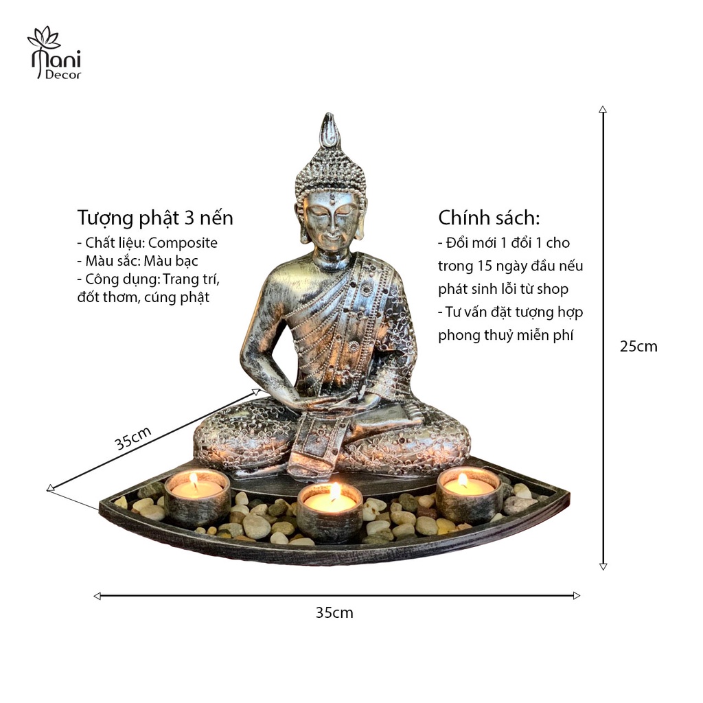 Tượng phật thiền định kèm đế nến tặng 3 cốc nến bơ - Mani Decor