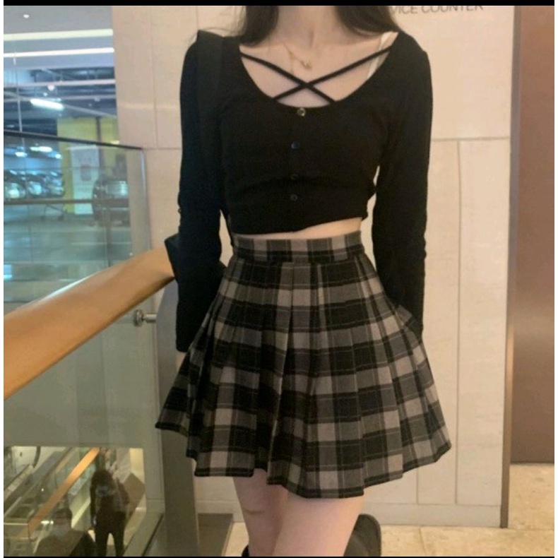 áo croptop chéo dây len tăm dài tay dáng ôm