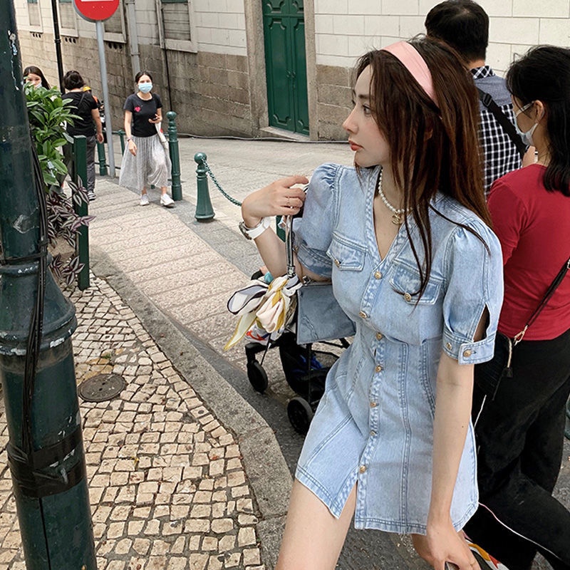 Đầm Denim Tay Phồng Ngắn Dáng Chữ A Chiết Eo Kiểu Retro Pháp Thời Trang Mùa Hè Mới 2021
