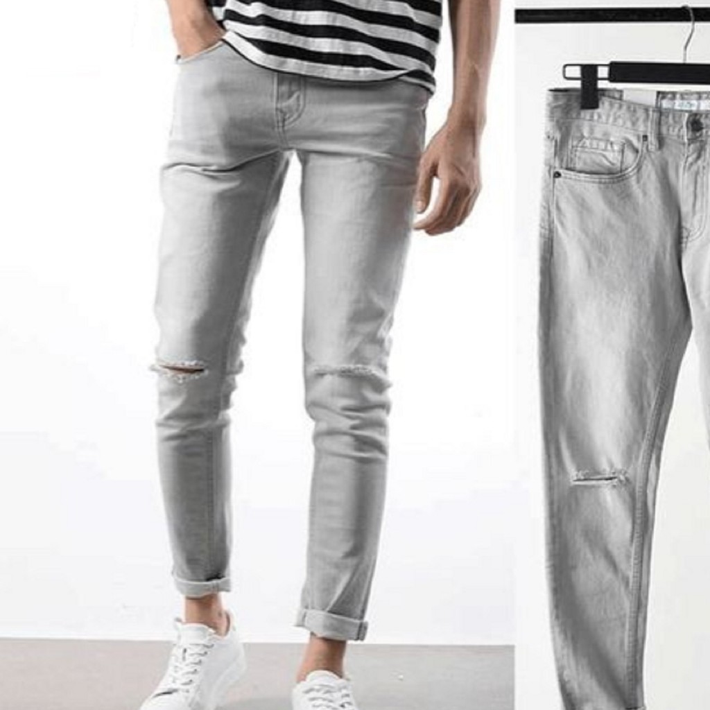 Quần Jean Nam Trơn Màu Xám Bạc Kiểu Rách Gối Đơn Giản Chất JEAN COTTON Co Giãn Body Đẹp Chai - Hàng nhập khẩu