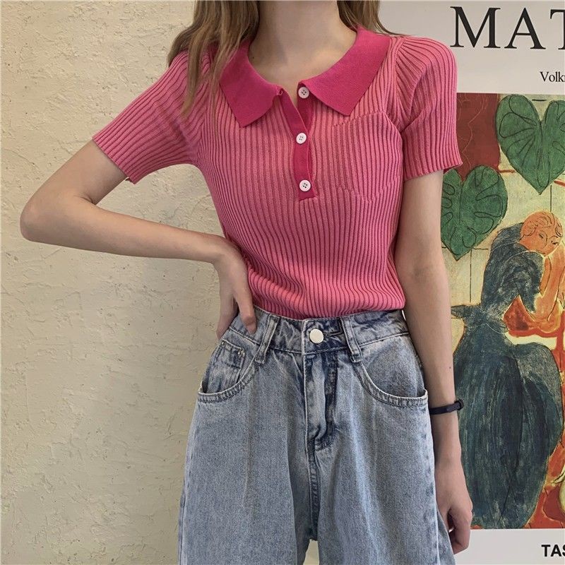 Áo thun nữ tay ngắn màu sắc retro Hàn Quốc