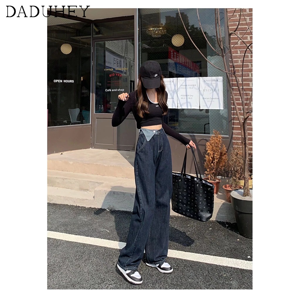 Daduhey Quần jeans dài ống rộng lưng cao thời trang dành cho nữ