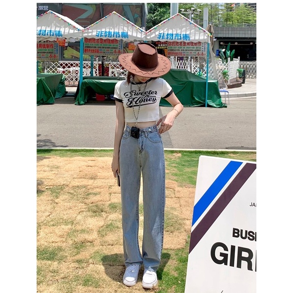 Zenme- sẵn S/M Quần jean nữ ống rộng cạp cao màu xanh nhạt, có nút điều chỉnh độ rộng chật hàng chuẩn Taobao 2022