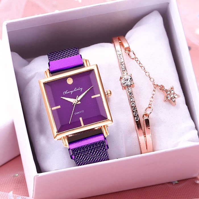 【Watch+Bracelet】Women Magnet Buckle Square Bracelet Watches Set Luxury Ladies Wristwatch