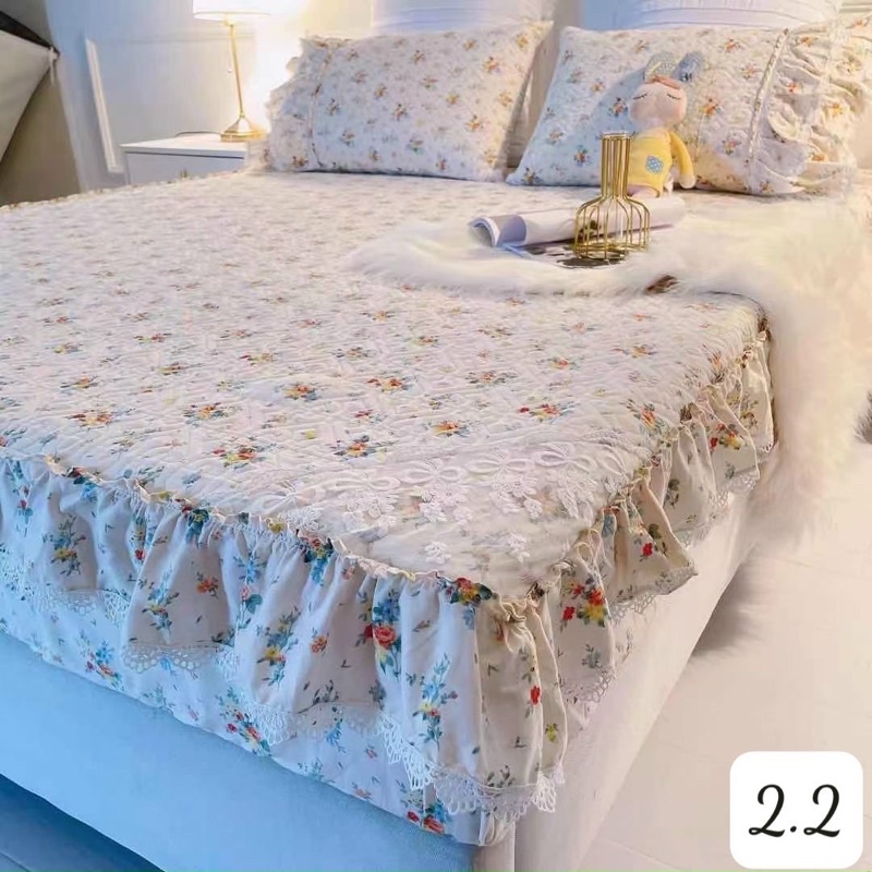 Bộ thảm ga giường kèm 2 vỏ gối cotton phối bèo công chúa siêu xinh, mẫu mới nhất 2022 đủ kích thước
