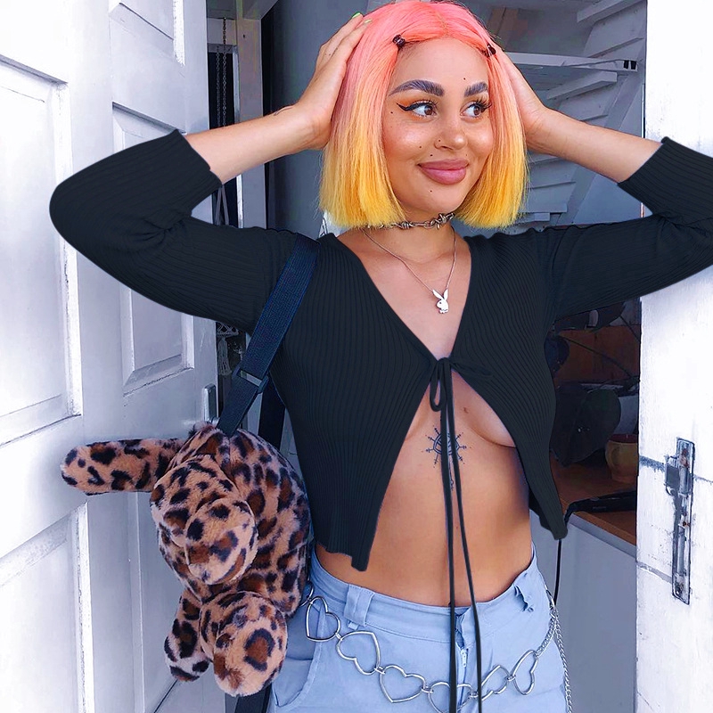 Áo dệt kim dài tay cổ V màu trơn dáng ngắn thời trang quyến rũ cho nữ