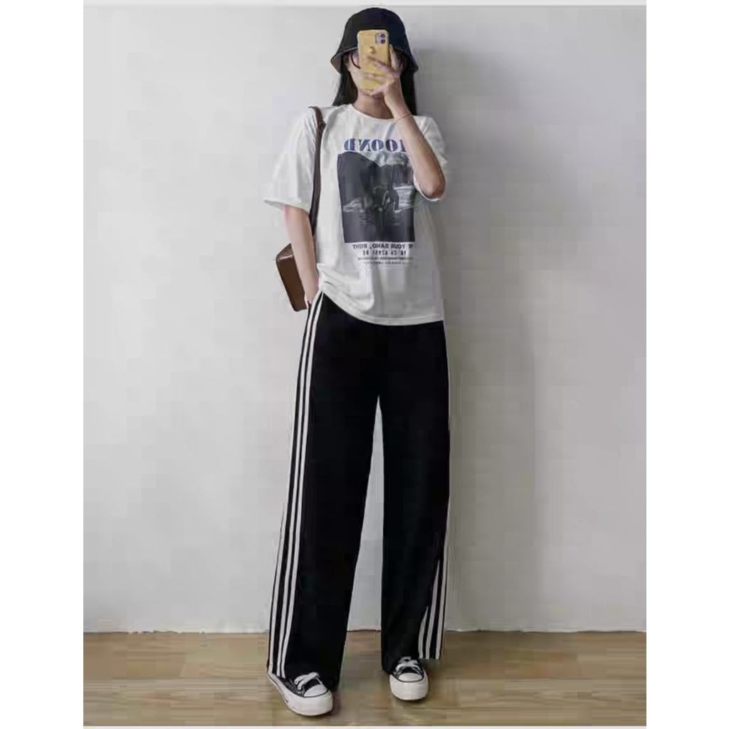 Quần ống rộng thể thao nữ 3 sọc cạp chun thun dây rút gấu màu đen đi học sinh Quần jogger nữ bo gấu dài vải UMÌ hàn dày