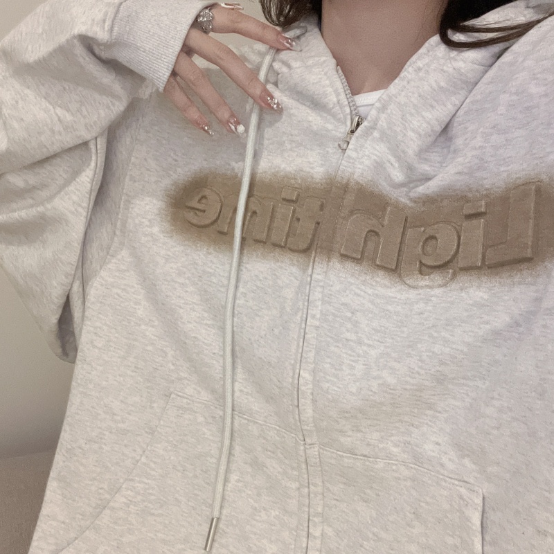 ZHELIHANGFEI Áo Khoác Cardigan Có Nón Tay Dài Dáng Rộng In Chữ Phong Cách Preppy