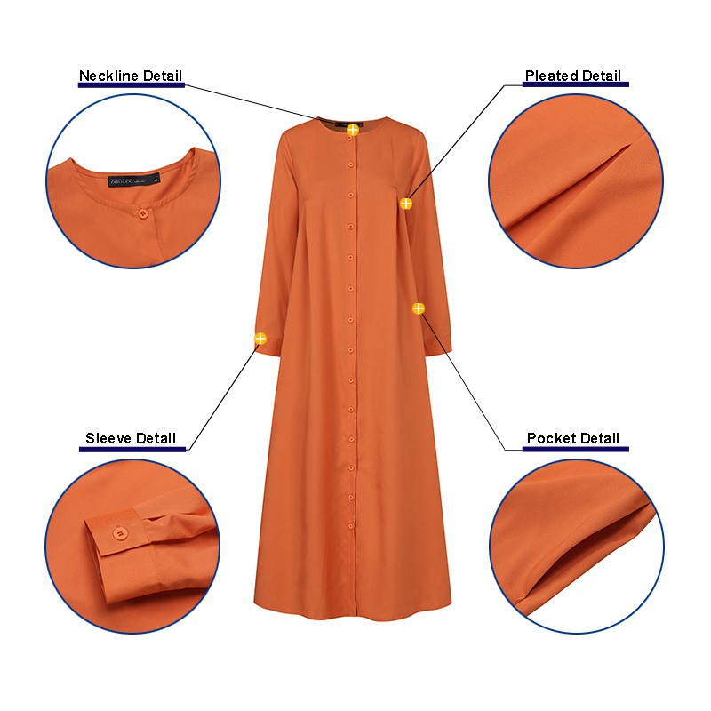 Đầm Maxi ZANZEA Tay Dài Màu Trơn Phong Cách Hồi Giáo Cho Nữ