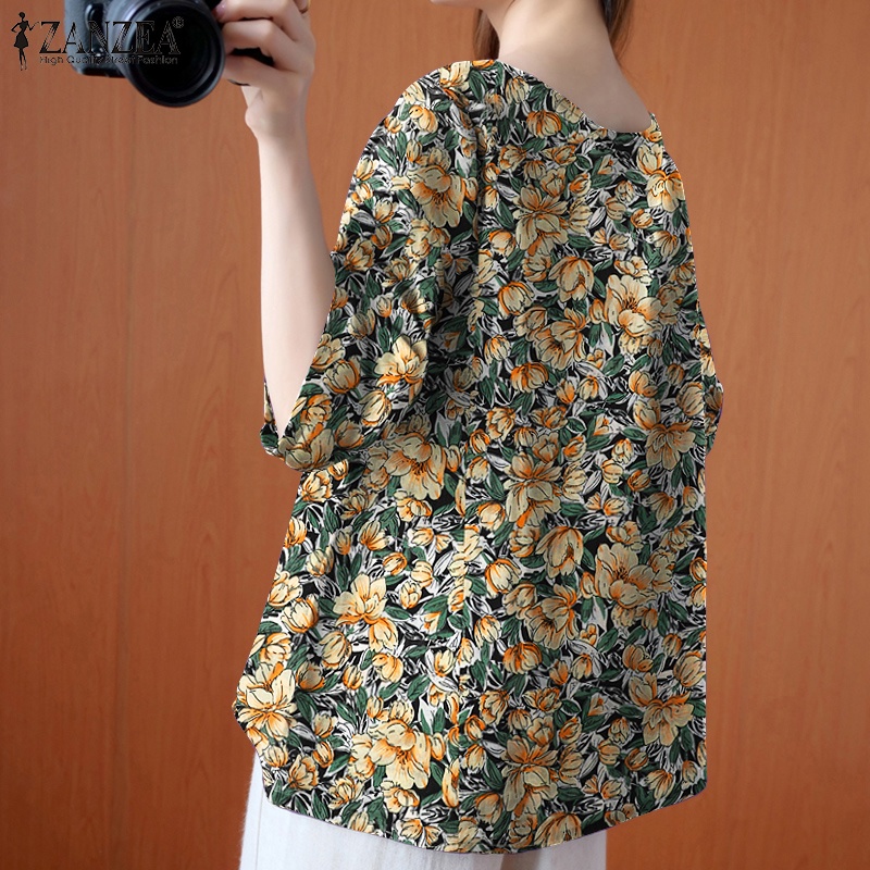 Áo kiểu Zanzea tay ngắn cổ tròn in họa tiết hoa phong cách vintage dành cho nữ