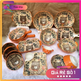 Bát Ăn Cơm Đĩa Sứ Bộ Chén Dĩa Sứ Gấu Cam Dễ Thương Cute Bát Đĩa Decor Cao Cấp V54