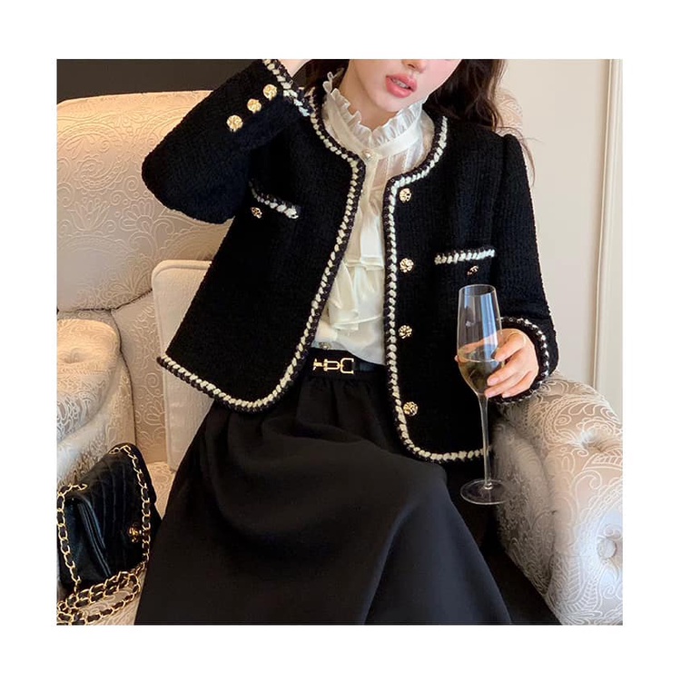 Áo Khọa Dạ Tweed Quảng Châu Nữ Minz Store Mã 818, Thiết Kế 2 Túi Ngực Phối Viền