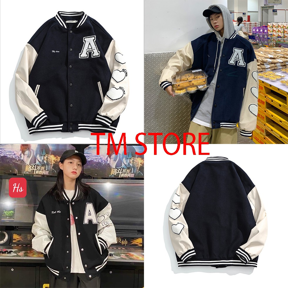 Áo khoác bomber chữ A Varsity Jacket vải nỉ da, áo bomber bóng chày nam nữ unisex form rộng