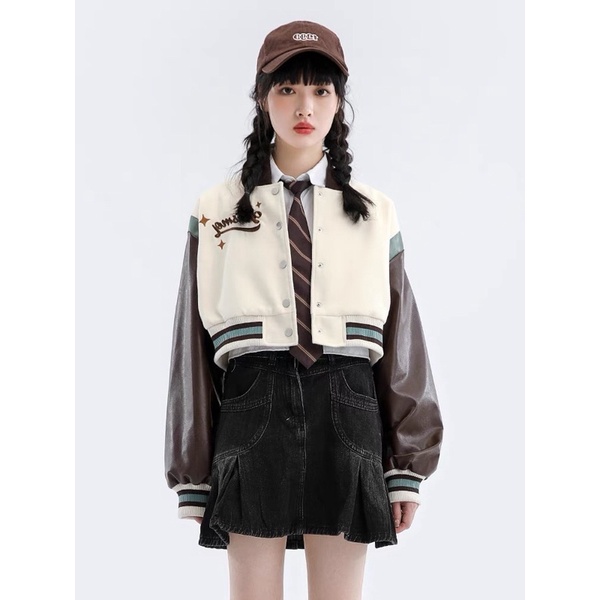 (có sẵn)áo khoác bomber lửng phối tay da