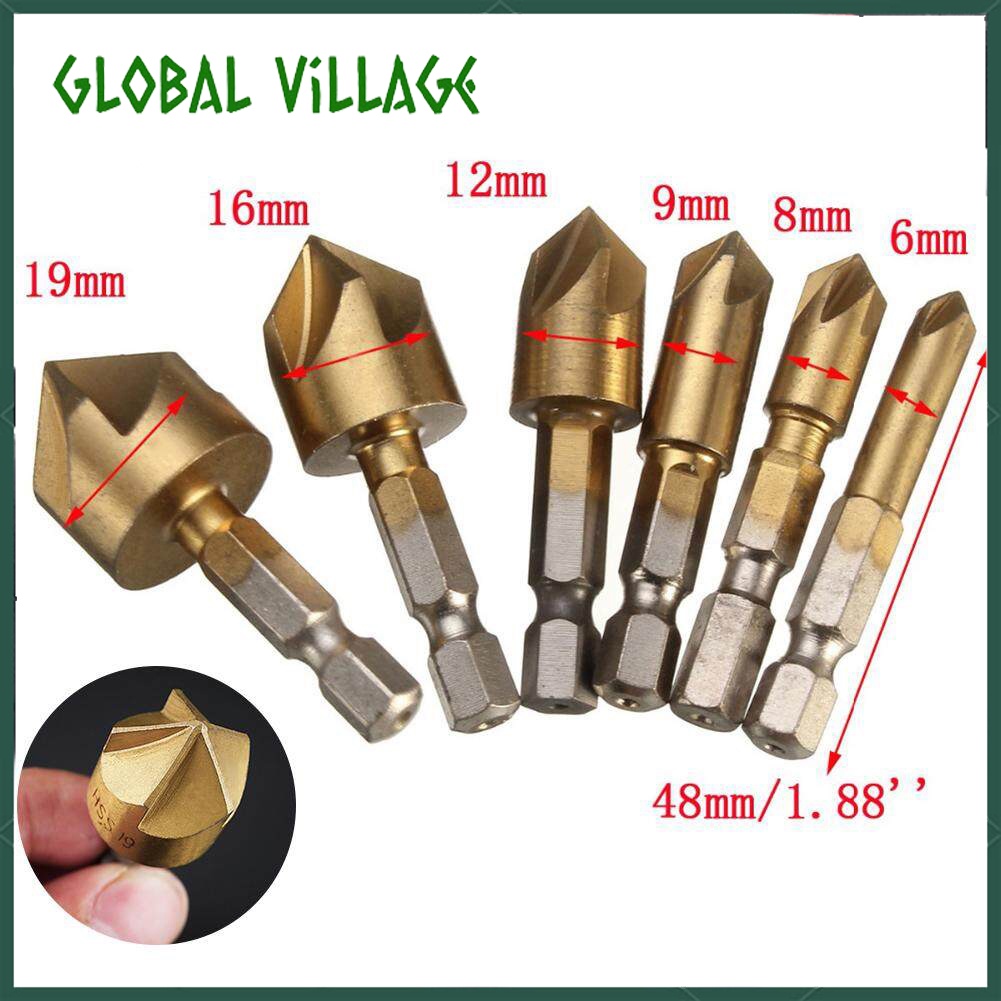 [Hàng có sẵn tại TPHCM ]Bộ 6 mũi khoan thân lục giác HSS vát mép 6mm-19mm 1/4 inch khoét lỗ sáo 90 độ