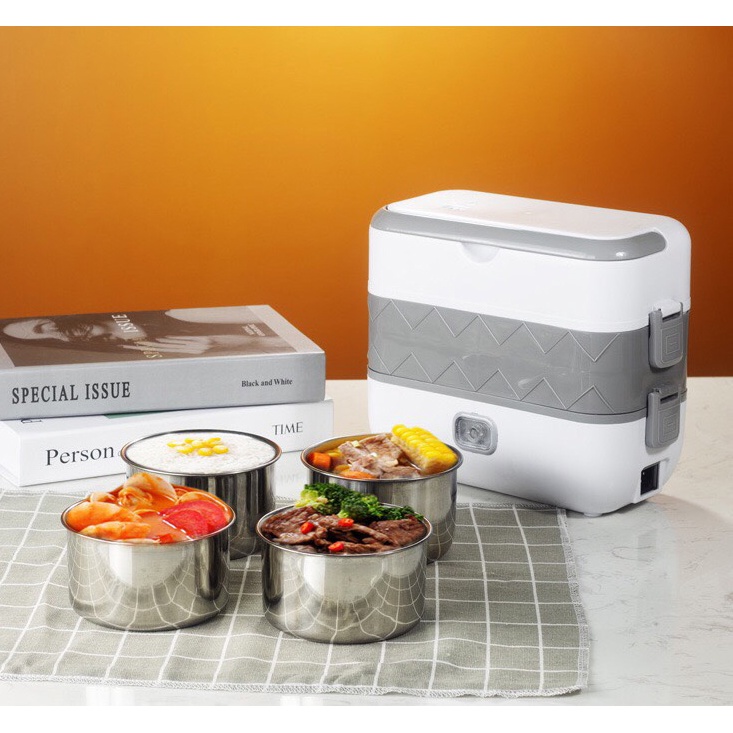 Hộp Cơm Cắm Điện Văn Phòng 2 Tầng 4 Bát Inox, Có Chức Năng Giữ Nhiệt, Hâm Nóng, Nấu Chín
