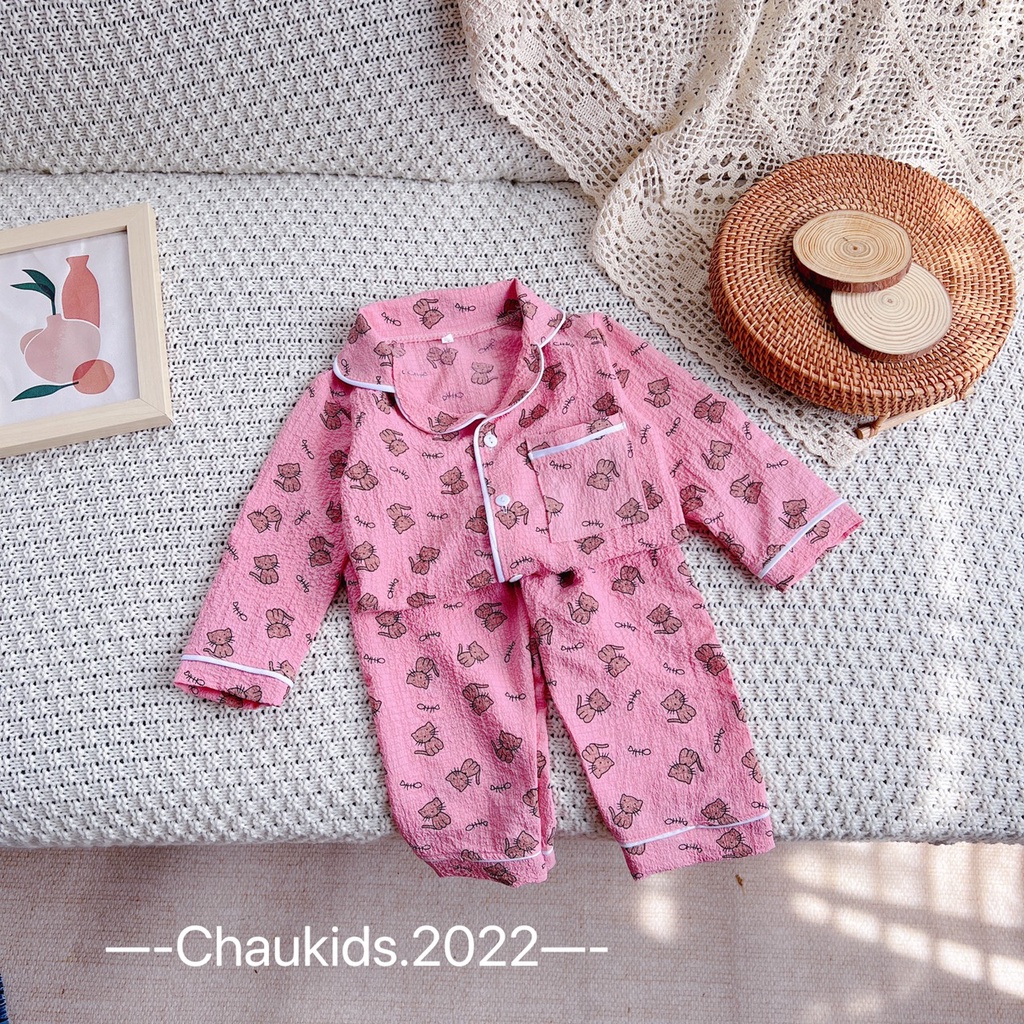 [SALE] Pyjama Bé Gái Vải Thô Xốp Gấu Bear, Bộ Đồ Cho Bé Mặc Nhà Thu Đông CKTD08