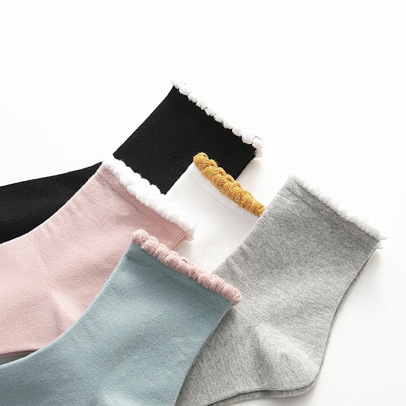 5 Pairs Korean Cute Solid Women Socks Puffy Brim Japanese Kawaii New Girls Hosiery Colorful Cotton Harajuku Female Ankle Socks