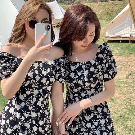 【ZHELIHANGFEI】 / Đầm Hoa Trễ Vai Tay Phồng Dáng Ngắn Form Ôm Thời Trang Cho Nữ