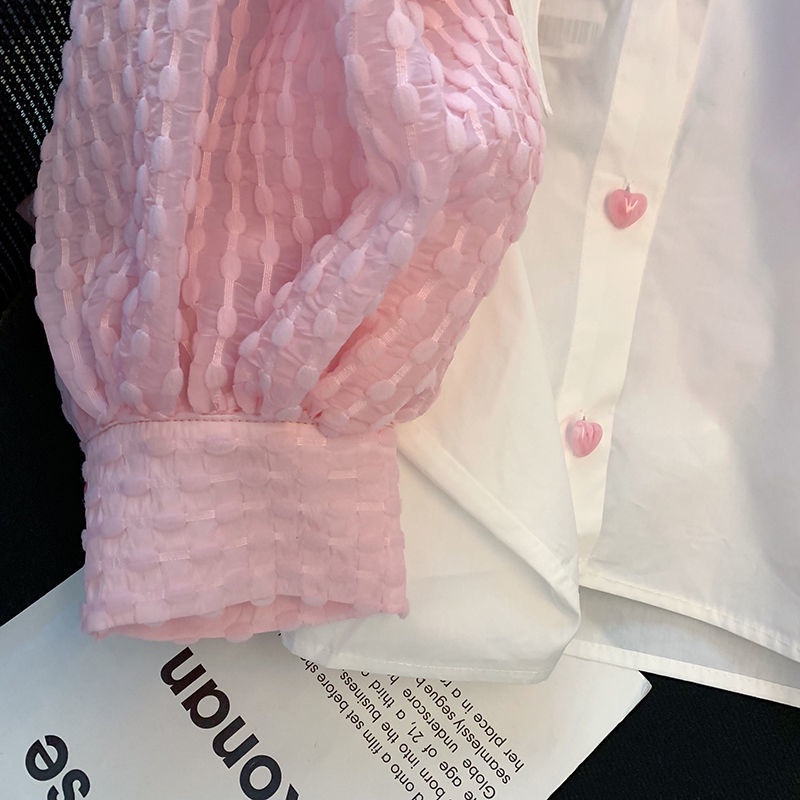 Áo Sơ Mi Ngắn Tay Phồng Ngắn Cổ Bẻ Phối Nút Hình Trái Tim Màu Hồng Ngọt Ngào Thời Trang Mùa Hè Cho Nữ