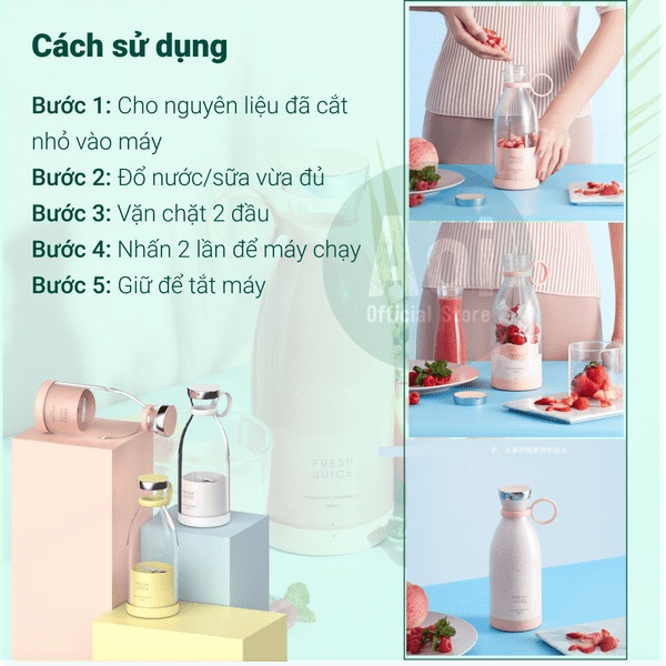Bình Xay Sinh Tố Aoi Fresh Sạc Không Dây Tiện Lợi 350ml - Xay Hoa Quả, Rau, Đá Viên - Aoi Official Store
